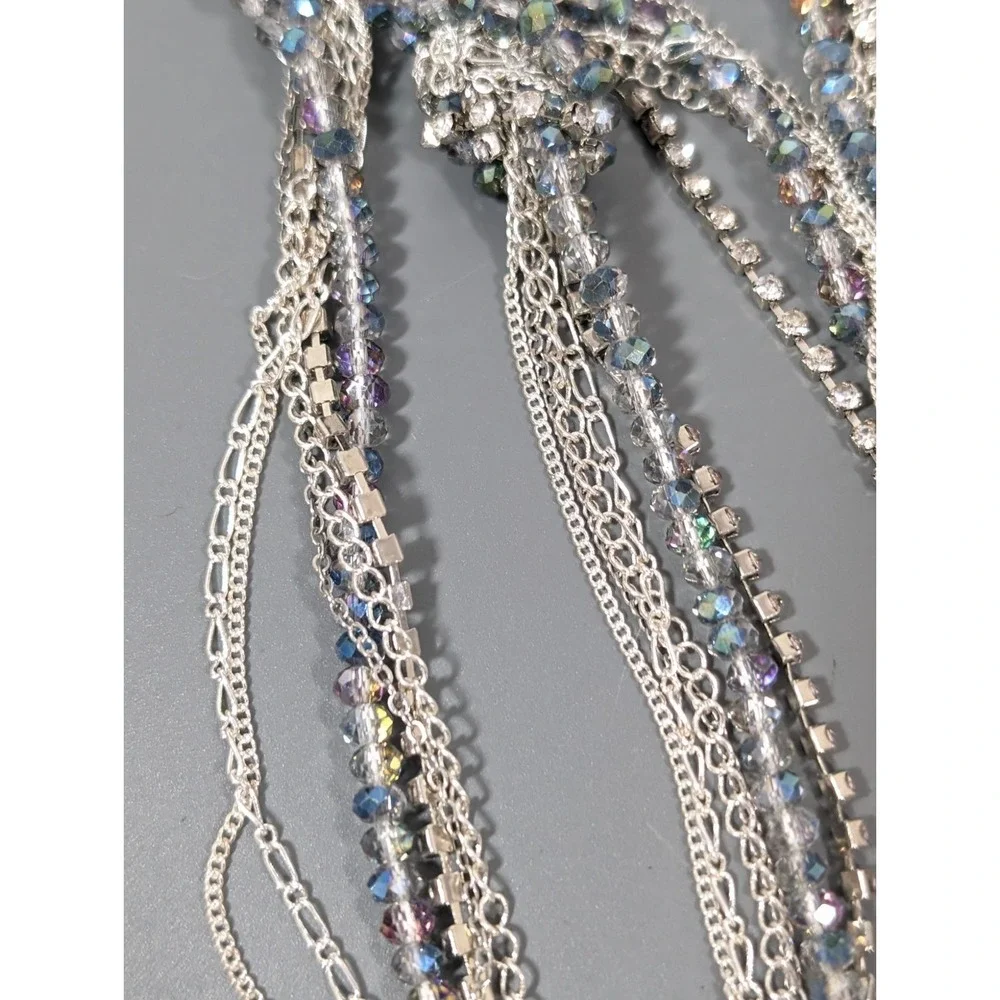 Evening Chic Silver Tone Multi Chain Glass Bead Rhinestone Knot Long Necklace 34